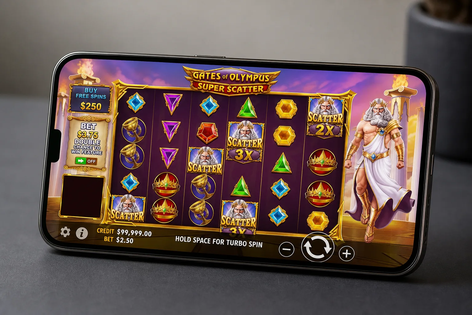 Gates of Olympus Super Scatter screenshot - Zeus scatter symbols on the reels with an active win multiplier